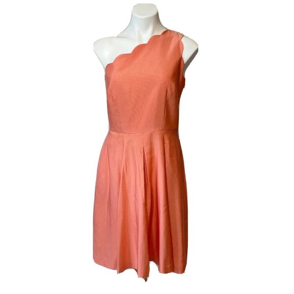 Weddington Way One Shoulder Scalloped A-Line Bridesmaid Dress Coral 8 Pocket - Picture 1 of 7